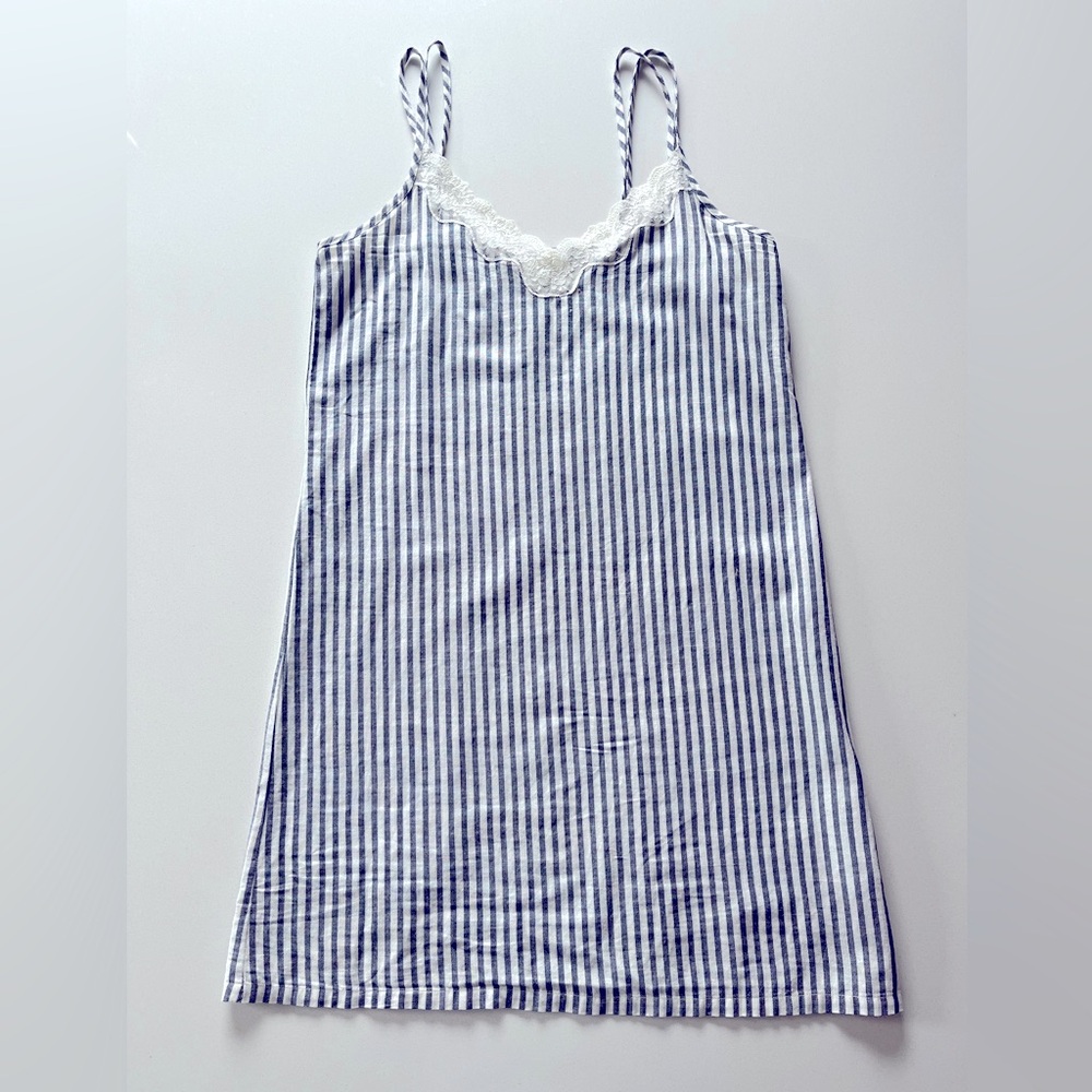 Heather blue striped mini slip dress by Salua. Size Small 31” long